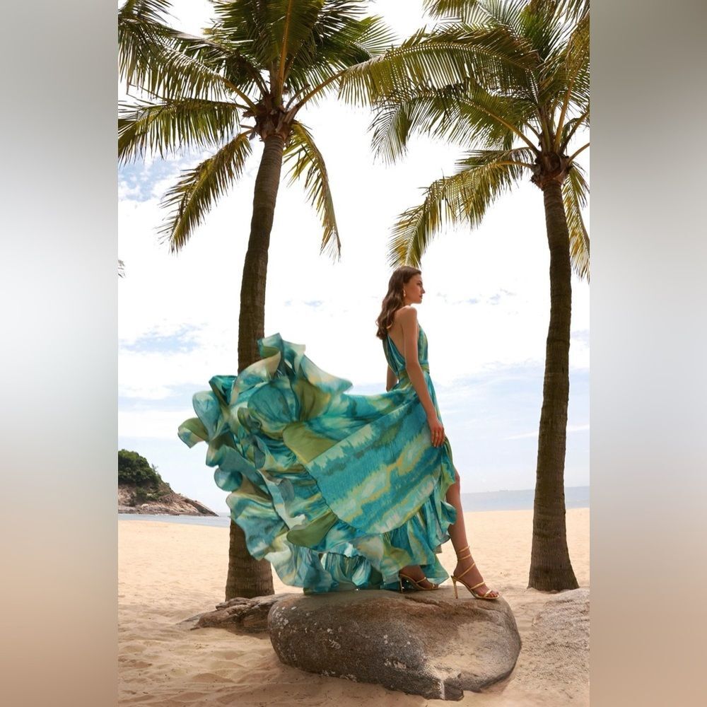 Bronx Banco Palma Coastal Gown Teal & Lime Halter High-Low Ruffle Maxi Dress - Picture 3 of 16